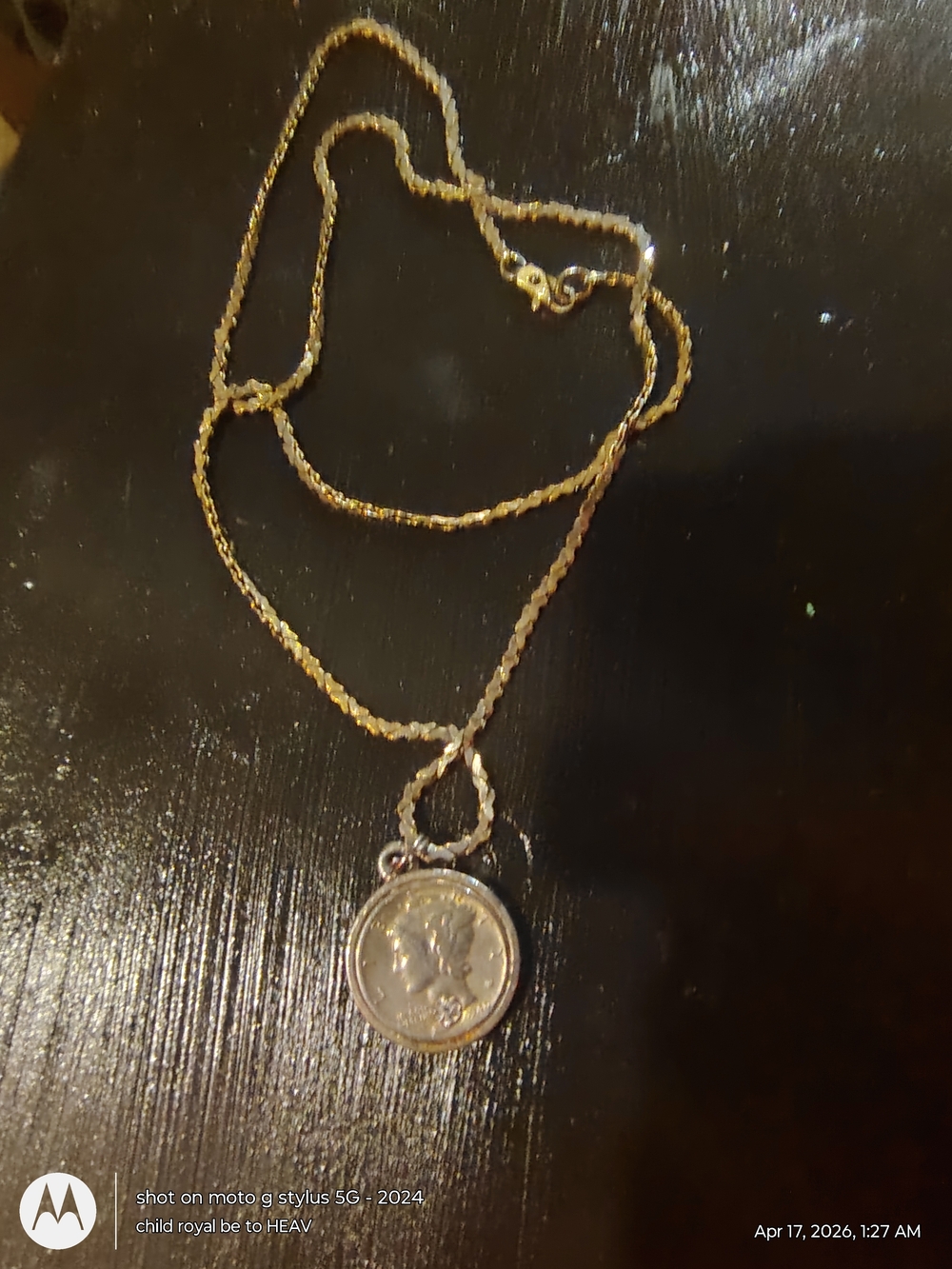 Vintage 1944 Liberty Mercury Dime Real Gold W/Diamond Chip 14 K Gold Chain 22"